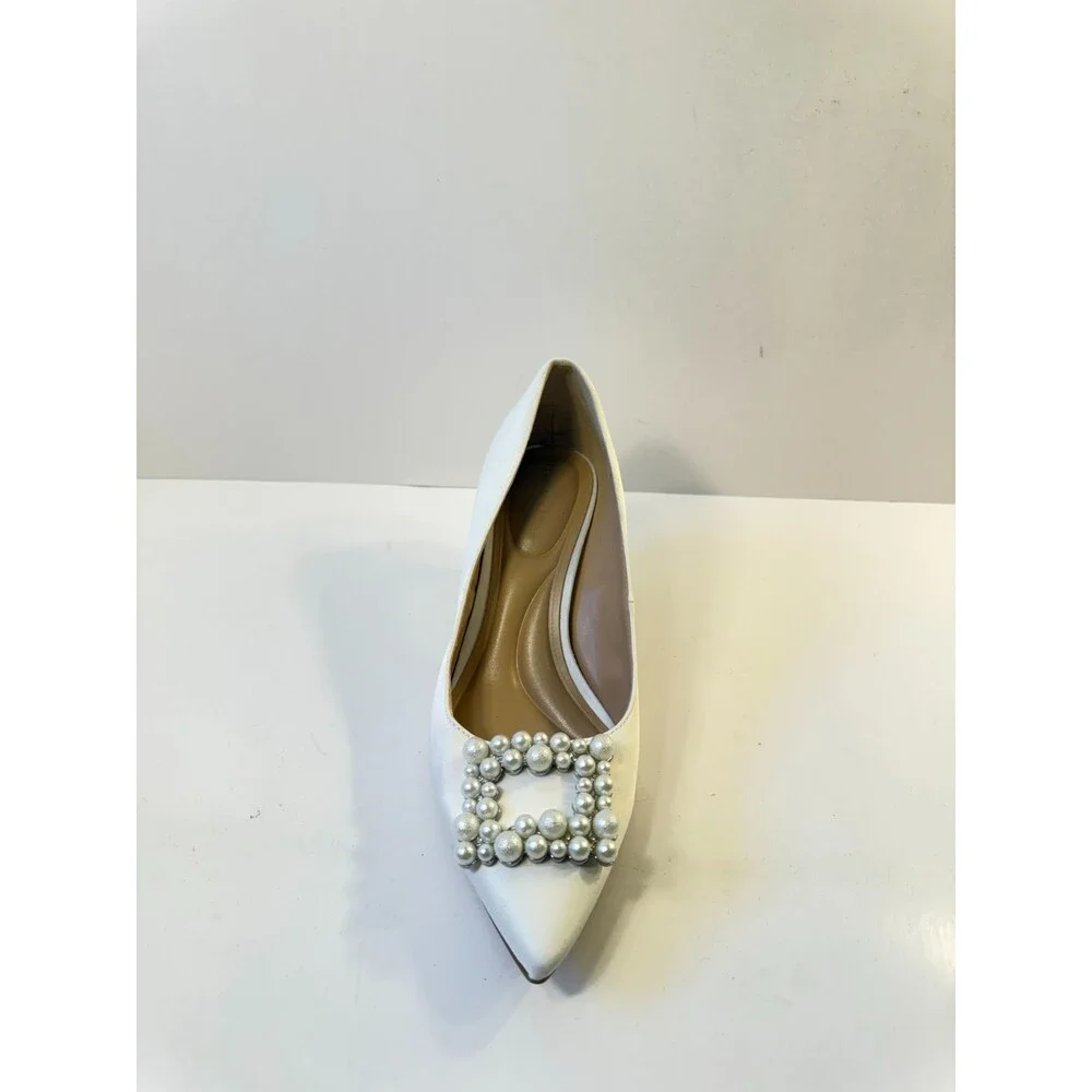 Kelly & Katie Womens Heels Satin Kitten White Pearl Buckle US 8